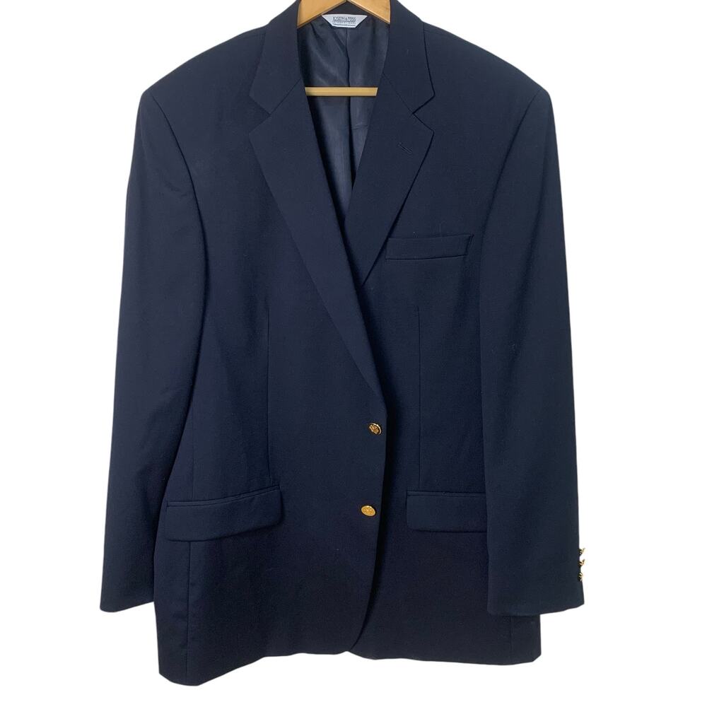 Joseph & Feiss 46 Tall Mens Wool Gold Button Sport Coat Blazer Jacket Navy Blue - Picture 1 of 12